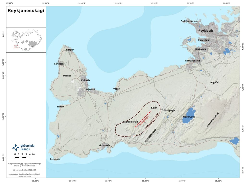 Umbrotasvæðið í Fagradalsfjalli sem er merkt með brotnum línum af korti á Reykjanesinu