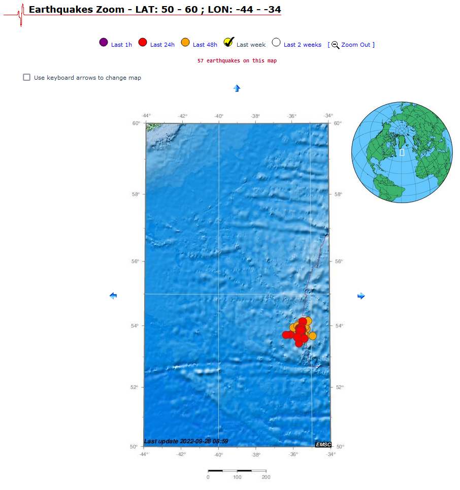Earthquake Zoom - LAT: 50 - 60 ; LON: -44 -34 ; Rauðir punktar sýna nýjustu jarðskjálftana og appelsínugulir punktar sýna jarðskjálfta síðustu 48 klukkutímana