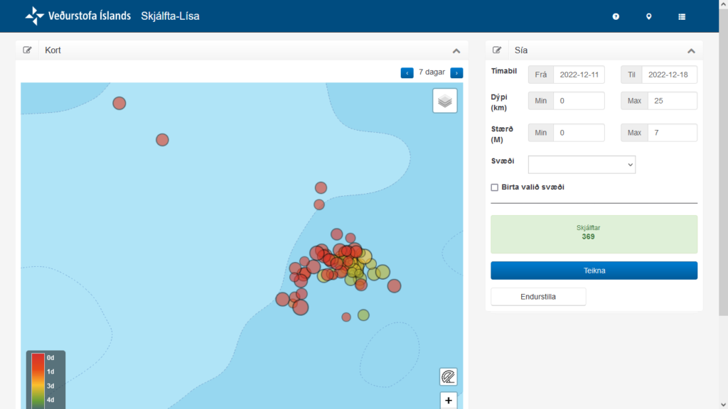 Jarðskjálftar úr Skjálfta-lísu Veðurstofu Íslands sem sýnir jarðskjálftana. Það hafa orðið samtals 369 jarðskjálftar á þessu svæði síðan 15. Desember. Punktanir eru merkir sem rauðir þegar þeir eru nýjastir og það er talsvert af rauðum punktum á kortinu.