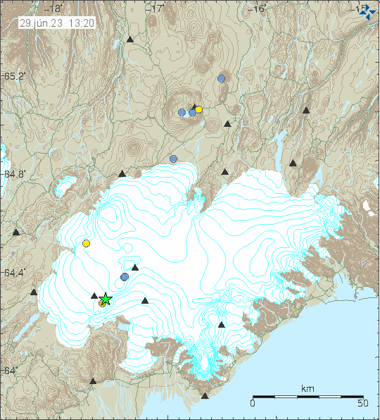 Græn stjarna í suður hluta Þórðarhyrnu og það er ekkert mikið meira á kortinu. Tími á korti er 29. Jún, 23, klukkan er 13:20 á kortinu.