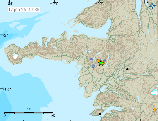 Græn stjarna í eldstöðvarkerfinu Ljósufjöllum á vestanverðu Íslandi. Nokkuð norður af Borgarnesi.