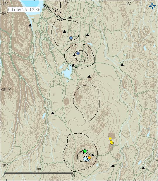 Græn stjarna við enda þessa korts frá Veðurstofunni. Græna stjarna er í norðurhluta öskju Öskju eldstöðvarinnar.